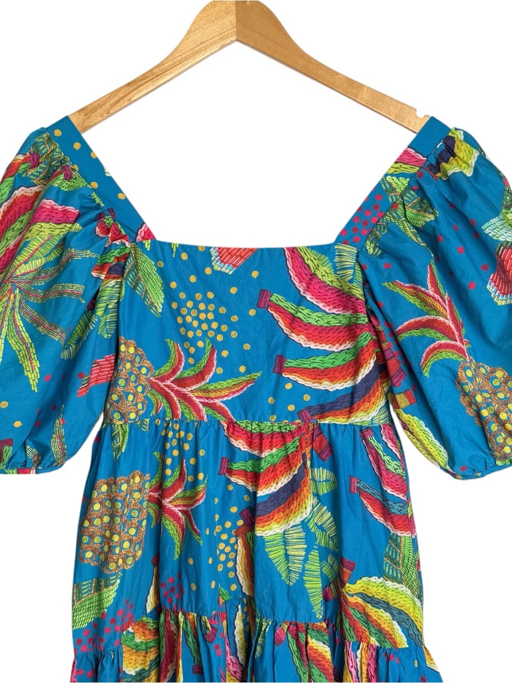 Farm Rio Tropics Tiered Midi Dress Size XS Blue Banana Print Puff Sleeve Cotton - Picture 7 of 15
